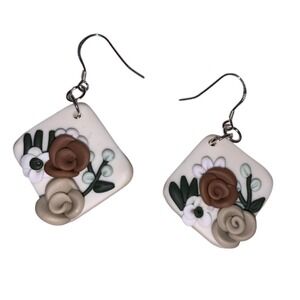 Handmade Polymer Clay earrings, Rhombus with Rose Flower, Saddle Brown